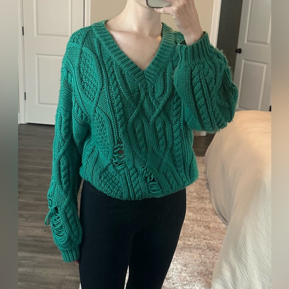 Chunky Knit V-Neck Sweater | Ripped Torn Sweater | Kelly Green Sweater